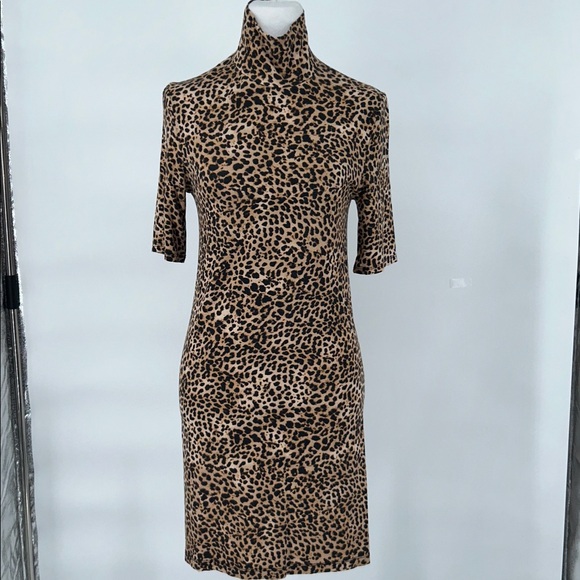 Enza Costa || Leopard-Print Stretch Jersey Turtleneck Mini Dress Tan XS - Picture 3 of 8